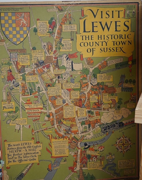 A 1930's ‘Visit Lewes, The Historic County Town of Sussex’ poster, 79cm high. Condition - fair